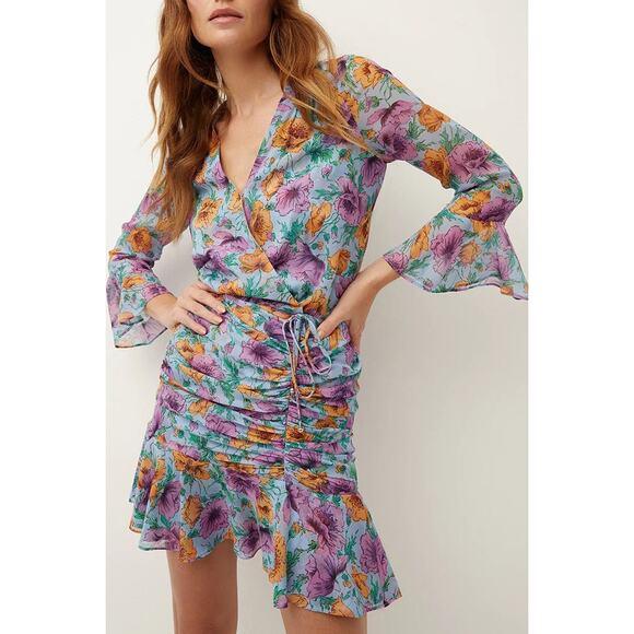 Veronica Beard Silk Floral Ruched Sean Dress Lake Blue Multi Bell Sleeve Flounce - Picture 1 of 10